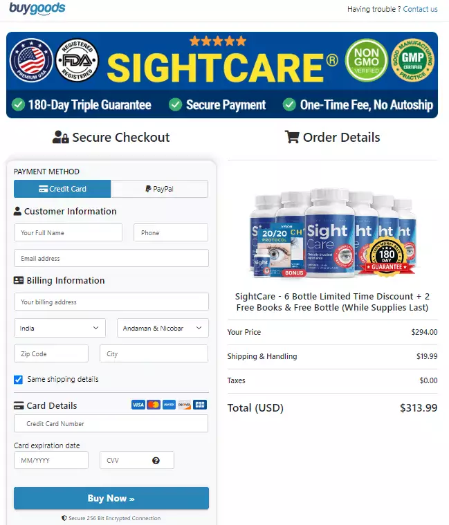 Sight Care Order Page